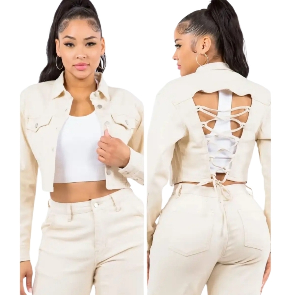 Lone Star Cream Cropped Jacket with Lace-Up Back Size M Medium NWT